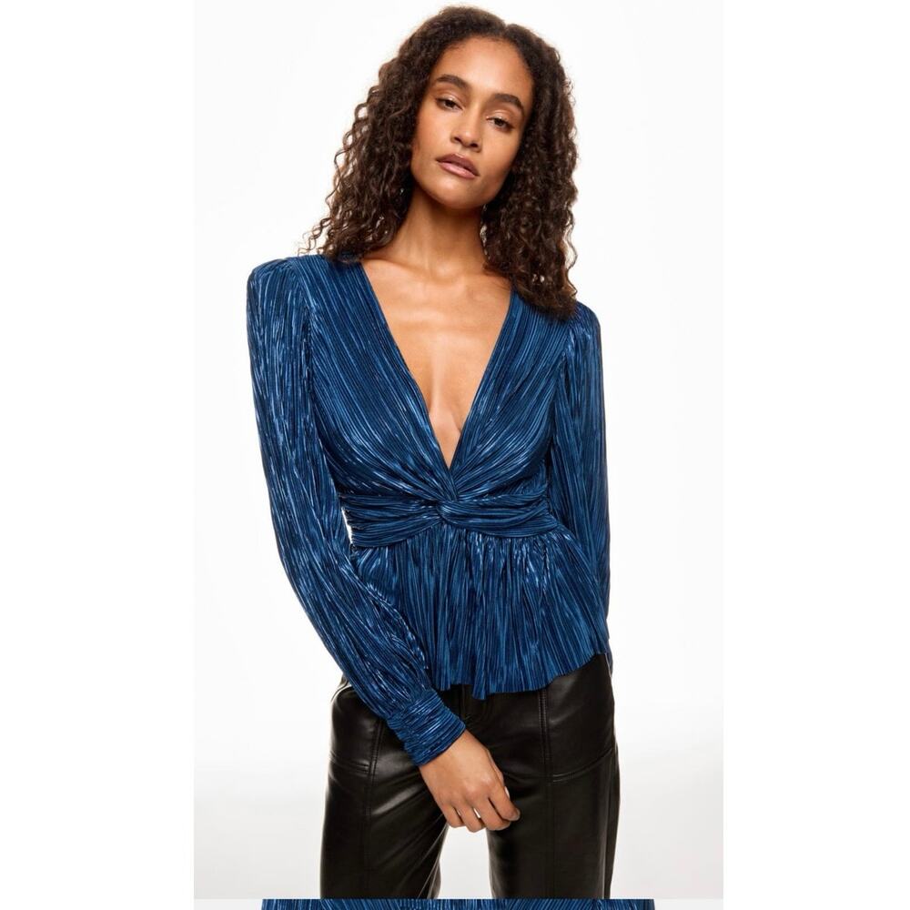SABINA MUSAYEV Blue Metallic V-Neck Back Button Long Sleeve Ifat Top sz Large